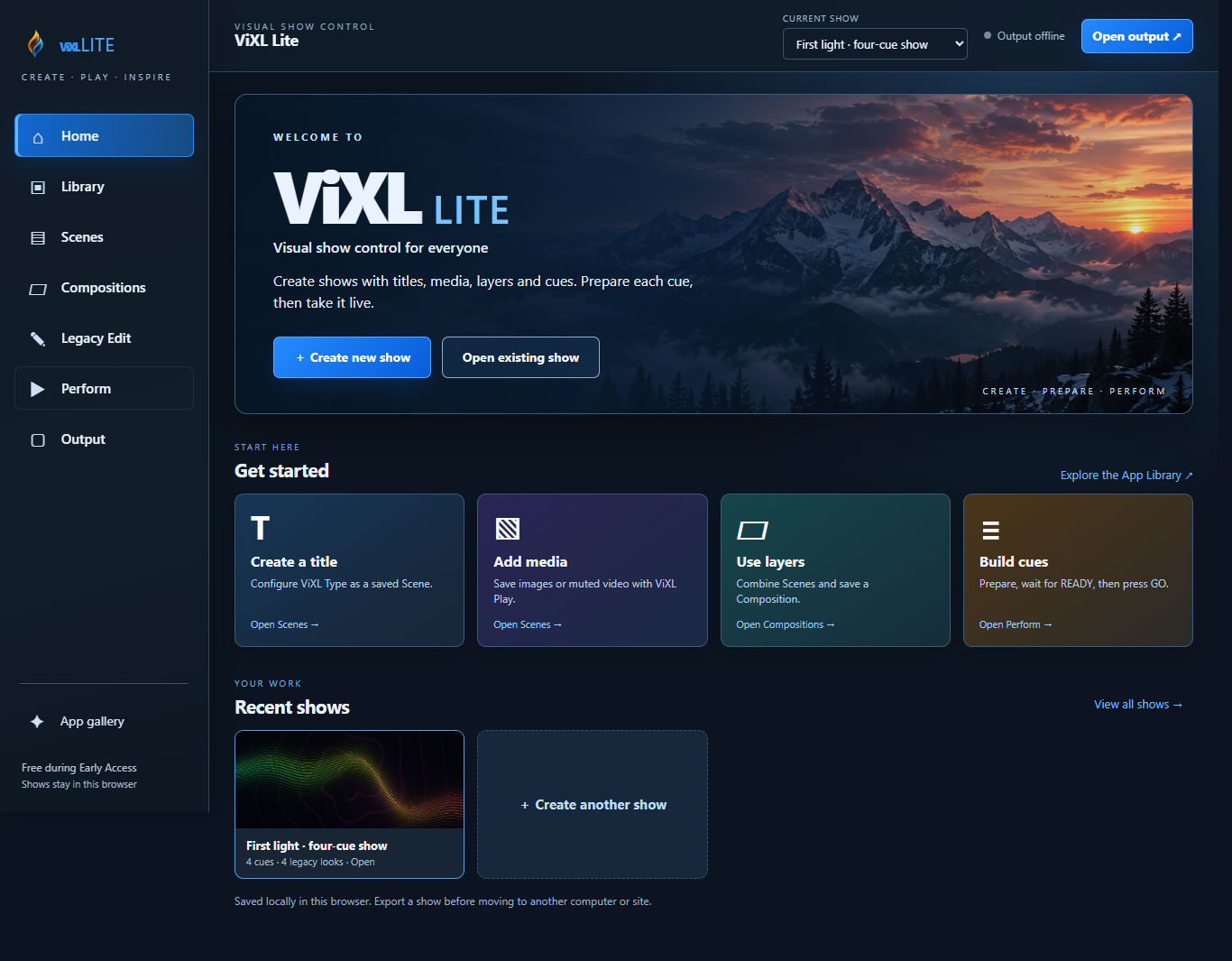 Actual hosted ViXL Lite beta Home screen with workspace navigation